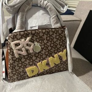 DKNY Brown and Yellow Logo Shoulder Bag